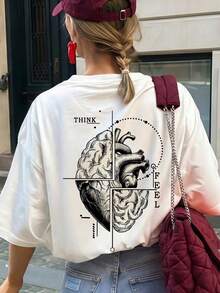 Camiseta Gráfica de Arte Creativo Equilibrio Corazón Mente, Ropa de Verano para Mujeres, Camiseta Casual de Cuello Redondo y Manga Corta Blanca para MujeresTee - Blanco - Ver 1