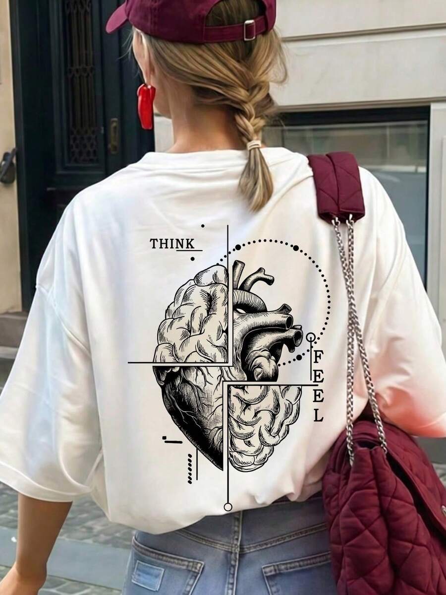 Camiseta Gráfica de Arte Creativo Equilibrio Corazón Mente, Ropa de Verano para Mujeres, Camiseta Casual de Cuello Redondo y Manga Corta Blanca para MujeresTee - Blanco - Ver 1