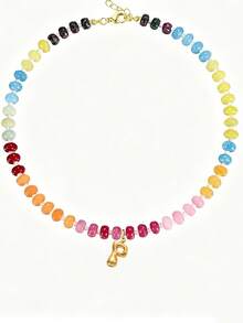 1pc Bohemian Style Colorful Beaded Gemstone Necklace, Bubble Letter Pendant Necklace, Natural Gemstone, Handmade Jewelry Gift - Multicolor - View 16