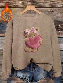 Plus Size Women's Autumn Vacation Casual Cute Bear Hug Heart Pattern Crew Neck Long Sleeve Faux Sweater Top Fall - Ash - View 2
