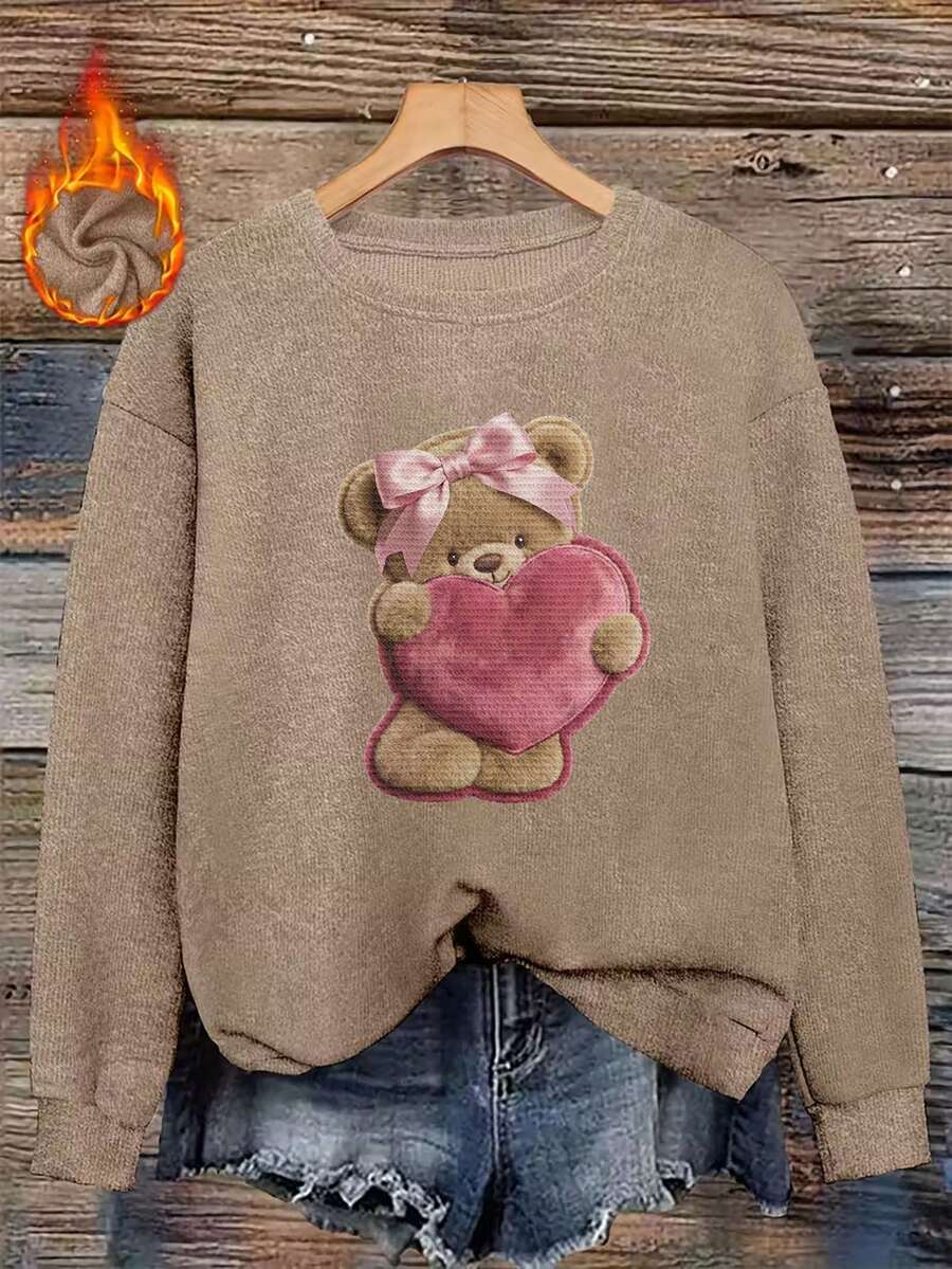 Plus Size Women's Autumn Vacation Casual Cute Bear Hug Heart Pattern Crew Neck Long Sleeve Faux Sweater Top Fall
