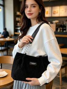 Bolso de Hombro de Lona de Color Sólido para Mujer, Estilo Primavera-Verano, Gran Capacidad, Casual y Tipo Tote - Negro 2 - Ver 3