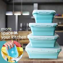 Contenedor de almacenamiento de alimentos cuadrado y plegable - Contenedor de silicona, caja de almuerzo, caja bento, tazón colapsable, caja de conservación de alimentos, con tapa hermética, ventilación, perfecto para camping, organización y almacenamiento en RV, preparación de comidas, almuerzo - Microondas, lavavajillas, congelador - A - Ver 2