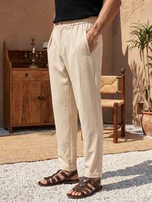 glestore Men's Retro Casual Solid Color Straight Leg Pants, Elastic Waistband Design, All Season Versatile Essential - Khaki - View 5