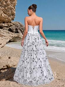 VIPGIRL Nuevo vestido de noche formal elegante con corsé sin tirantes, blanco, con pedrería pesada y cristales, vestido de novia para mujer, decorado con apliques de cuentas y para fiestas - Blanco - Ver 2