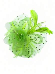 1件淺綠色女款網紗花朵髮飾帽，附髮箍與夾子，適用婚禮、茶會、肯塔基德比賽馬節 - 淺綠色 - 查看 3