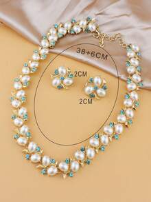 Set de 3 piezas de joyas con baño de oro, perlas falsas y cristales azules, incluyendo collar y aretes, ideal para el Día de San Valentín, Día de la Madre, Cumpleaños, Bodas y Fiestas. Conjunto de joyas perfecto para novias y uso diario, mamá, madre, Día de la Madre, regalo - Blanco - Ver 10