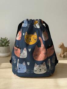 1pc Drawstring Backpack, Multi-Scenario Universal, Extra Large Capacity, Ultra Lightweight & Portable, Durable, High Aesthetic, Foldable Storage Bag, Cat Pattern Drawstring Fitness Sports Backpack, Dust-Proof Storage, Suitable For Outdoor Travel, Fitness, Daily Commute And School Use - Multicolor - View 8