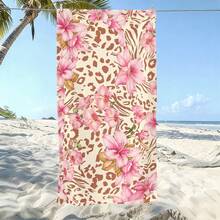 1PC Pink Lily Flower Leopard Zebra Mixed Print Beach Towel, Cream Off White Base Tropical Animal Floral Full Print Microfiber Towel, Boho Girly Summer Pool Vacation Quick Dry Bath Towel - Multicolor - View 1