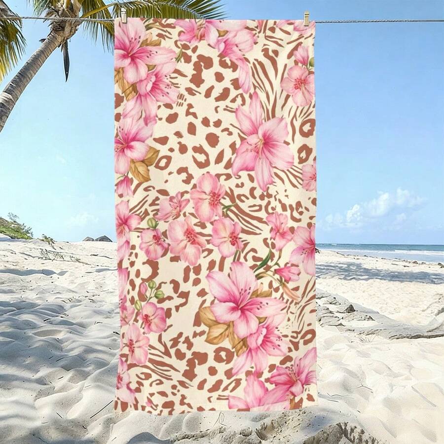 1PC Pink Lily Flower Leopard Zebra Mixed Print Beach Towel, Cream Off White Base Tropical Animal Floral Full Print Microfiber Towel, Boho Girly Summer Pool Vacation Quick Dry Bath Towel - Multicolor - View 1