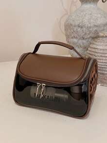 Vintage Leopard Print Patchwork Makeup Bag, Waterproof Transparent Toiletry Bag, Suede Leopard + Leather Patchwork Design, Paired With Transparent PVC Waterproof Wear-Resistant Double Zipper Closure Handbag, Can Store Skincare Products, Cosmetics, Suitable For Daily Storage, Short Trips, Lightweight Portable Storage Bag. - Brown - View 7