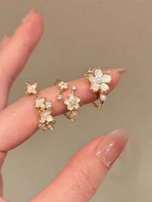 3pcs Summer Elegant Pearl Flower Ring Set Simple Fashion Style Versatile Finger Ring Set - Gold - View 1
