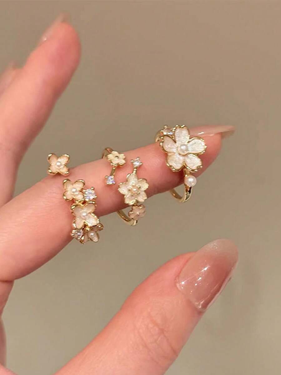 3pcs Summer Elegant Pearl Flower Ring Set Simple Fashion Style Versatile Finger Ring Set - Gold - View 1