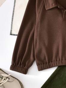 Vihyde Boys' Cute Retro Waffle Knit Raglan Polo Shirt & Corduroy Loose Wide Leg Pants 2 Pieces Set, Autumn/Winter - Dark Green - View 7