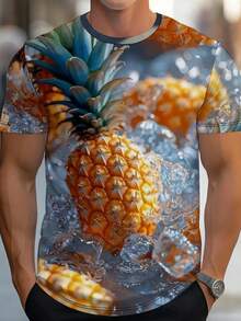 3D Short Sleeve Men's T-Shirt With 3D Pineapple And Ice Cube Print - Tropical Summer Short Sleeve T-Shirt, Featuring Pineapple Slices And Designs, Ca - 混合色 - 查看 2