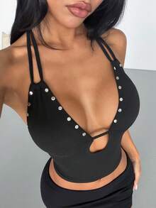Women's Silver Rivet Hollow Out Spaghetti Strap Cropped Top, Summer Electronic Music Festival Party Street Y2K Style Casual - Black - View 4