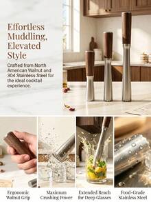 1pc Walnut Wood & 304 Stainless Steel Cocktail Muddler, Heavy Duty Bar Tool For Mojito, Ice Crushing, Garlic & Herbs, Seamless Easy Clean Design, 9.92 Inch Kitchen & Bartender Accessory - View 3