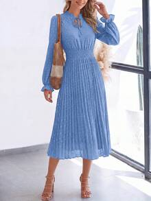 PRETTYGARDEN Women's Spring Fall Midi Dress Casual Long Sleeve V Neck Swiss Dot Pleated A Line Flowy Dresses New Years Party Valentine Vacation Dresses For Women - 淺藍色 - 查看 3