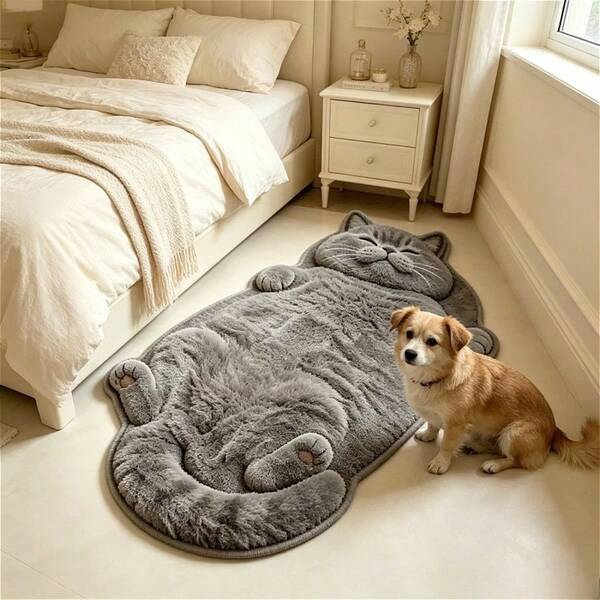 1pc, Slouchy Lying British Shorthair Grey Cat Shaped Rug, Vivid And Interesting Cute Kitten, Perfect For Home Decor, Bedroom Rug, Living Room Rug, Game Room Rug, Music Studio Rug, Holiday Decor And Gift, Asymmetric Size, Cutting Error 1-5cm, Decorative Rug, Small Rug, Rug, Home Decor, Living Room Small Rug, Bedroom Rug, Living Room Home Decor, Outdoor Rug, Washable Rug