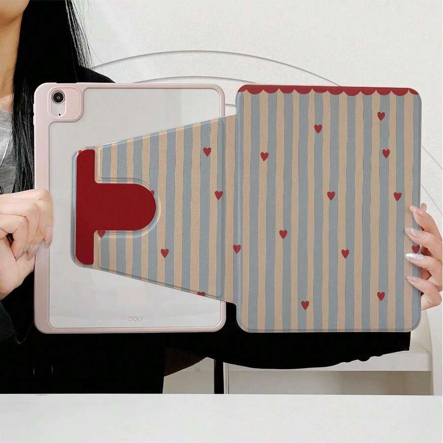1pc Matte Blue & Beige Striped Heart Pattern 360° Rotating Tablet Protective Case, Multi-Angle Magnetic Stand Cover, With Auto Sleep/Wake Function, Compatible With IPad PRO/AIR, Compatible With SAMSUNG, Compatible With Xiaomi Pad 5/6/7, Compatible With Oppo Pad, Compatible With Huawei Matepad, Compatible With Vivo Pad, Compatible With Honor Pad, Compatible With Lenovo Pad - Multicolor - View 1