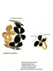 2PCS Minimalist Fashion Vintage Elegant Gentle Style Oil Drop Enamel Four-Leaf Flower Bracelet & Ring Set, Stainless Steel Women's Jewelry Set, Suitable For Daily Wear/Garden Party/Evening Party/Afternoon Tea/Street Style/Holiday Gift For Girlfriend - Yellow Gold - View 15