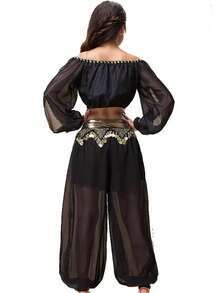 Belly Dance Performance Costume Off-Shoulder Chiffon Top + Coin Harem Pants, Handmade Style Festival Outfit Suitable For Fusion, Exotic Theme Events And Renaissance Fairs (Multiple Colors Available) - Multicolor - View 9