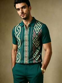 Men's American Retro Totem Print Short Sleeve Shirt & Cropped Pants 2 Piece Set, Classic Polo Collar Half Zip Up Short Sleeve Shirt, Casual Matching - 混合色 - 查看 5