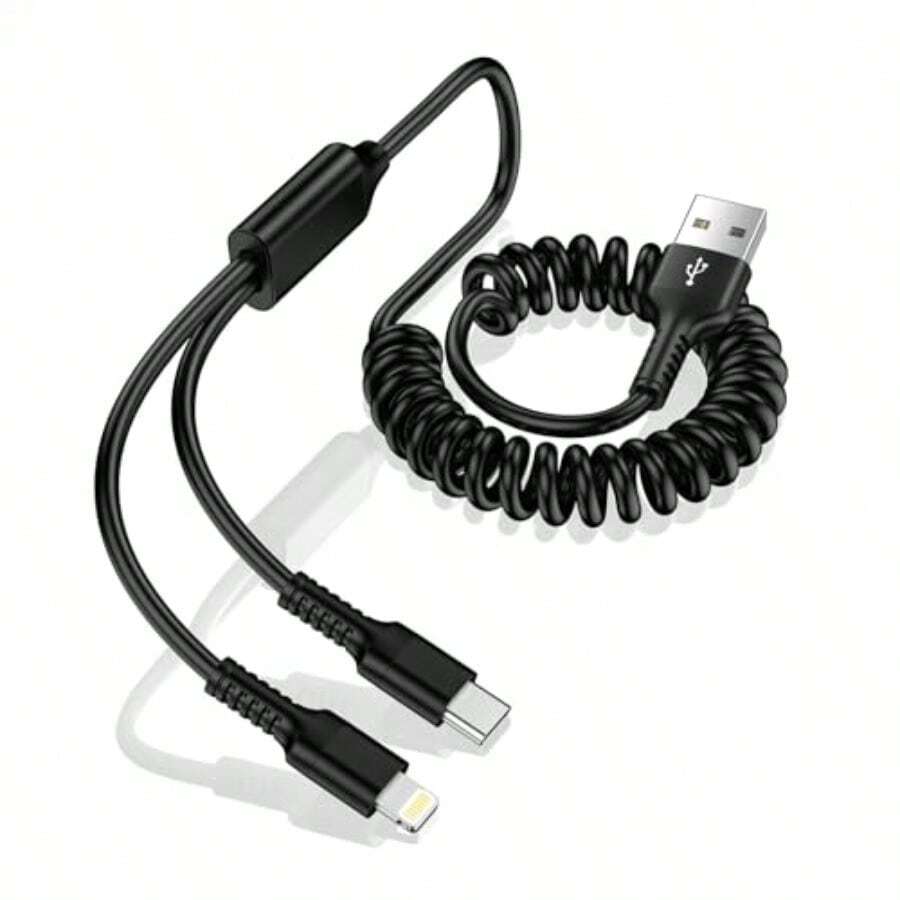 2in1 充電ケーブル コイル ライトニング 充電 and タイプC ケーブル カール充電コード 伸縮式 用+Android用 2台同時充電コード MFI認証 2A 急速充電 USB ライトニングケーブル GAEF アイフォン マルチ充電 i-PhoneandUSB-Cコード 16/15 pro 14/13/12, iPad, Androidなど機種対応 1.2m充電ケーブル   充電器　 - ブラック - チェックする 1