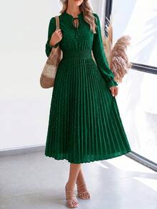 PRETTYGARDEN Women's Spring Fall Midi Dress Casual Long Sleeve V Neck Swiss Dot Pleated A Line Flowy Dresses New Years Party Valentine Vacation Dresses For Women - 墨綠色 - 查看 1