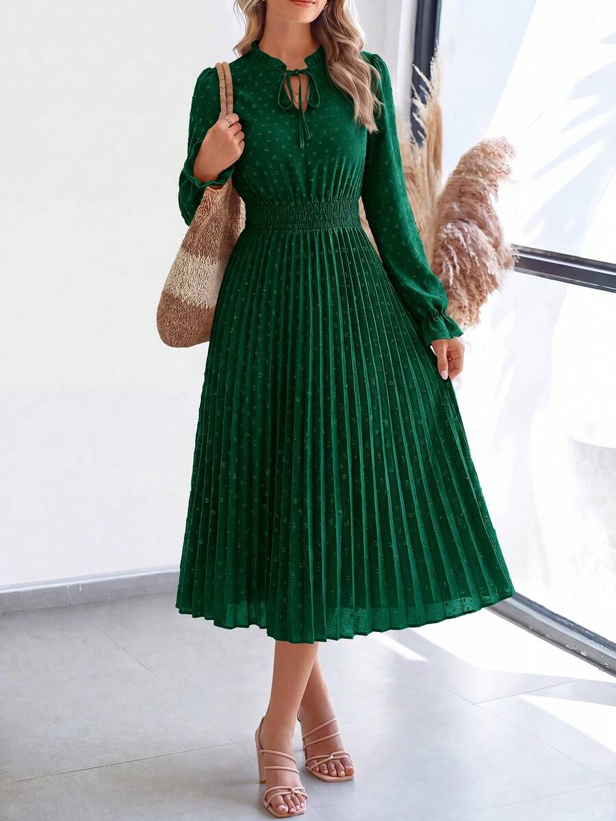 PRETTYGARDEN Women's Spring Fall Midi Dress Casual Long Sleeve V Neck Swiss Dot Pleated A Line Flowy Dresses New Years Party Valentine Vacation Dresses For Women - 墨綠色 - 查看 1