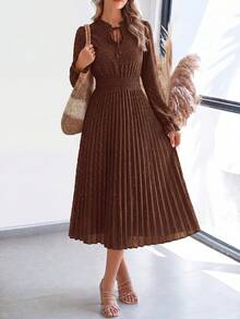 PRETTYGARDEN Women's Spring Fall Midi Dress Casual Long Sleeve V Neck Swiss Dot Pleated A Line Flowy Dresses New Years Party Valentine Vacation Dresses For Women - 深咖 - 查看 1