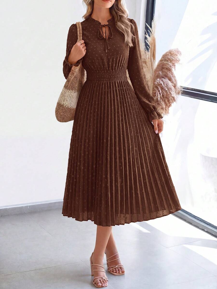 PRETTYGARDEN Women's Spring Fall Midi Dress Casual Long Sleeve V Neck Swiss Dot Pleated A Line Flowy Dresses New Years Party Valentine Vacation Dresses For Women - 深咖 - 查看 1