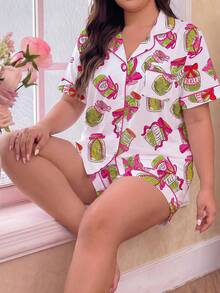 2件組女款睡衣套裝，小黃瓜罐頭印花，女款居家服，春夏度假穿搭，短袖翻領上衣與短褲套裝，適合戶外穿著 - 彩色 - 查看 1