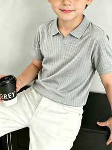 Boys' Teen Student Casual Solid Color Crew Neck Pullover Ribbed Knit Short Sleeve T-Shirt Spring Summer Top - Light Grey - View 2
