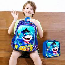 3Pcs Kids Blue Graduation Shark Backpack Set, With Lunch Box & Pencil Case, Ideal For Daily School Use - Blue - View 6