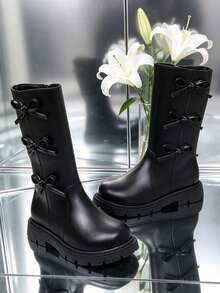 1 Pasang Sepatu Bot Tinggi Anak Perempuan, Dekorasi Pita PU, Ujung Bulat, Sol Tebal, Menambah Tinggi Badan, Desain Resleting Dalam, Gaya Putri yang Modis dan Imut, Cocok untuk Pemakaian Sehari-hari, Sekolah, Liburan, Ulang Tahun, Musim Gugur/Musim Dingin. - Hitam - View 6