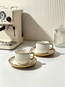 6 Sets / 1 Set 90ml (Approx. 3oz) Gold Rim Vertical Stripe Ceramic Cup And Saucer Set, Minimalist Aesthetic Drinkware Suitable For Home Cafe Use, Espresso Cup For Afternoon Tea, Mother's Day Gift, Graduation Gift, Summer Kitchen Essential, Birthday Decoration, Kitchen, Espresso Cup And Saucer Set, Coffee Cup Set, Tea Cup Set, Ceramic Cup Set - Multicolor - View 6