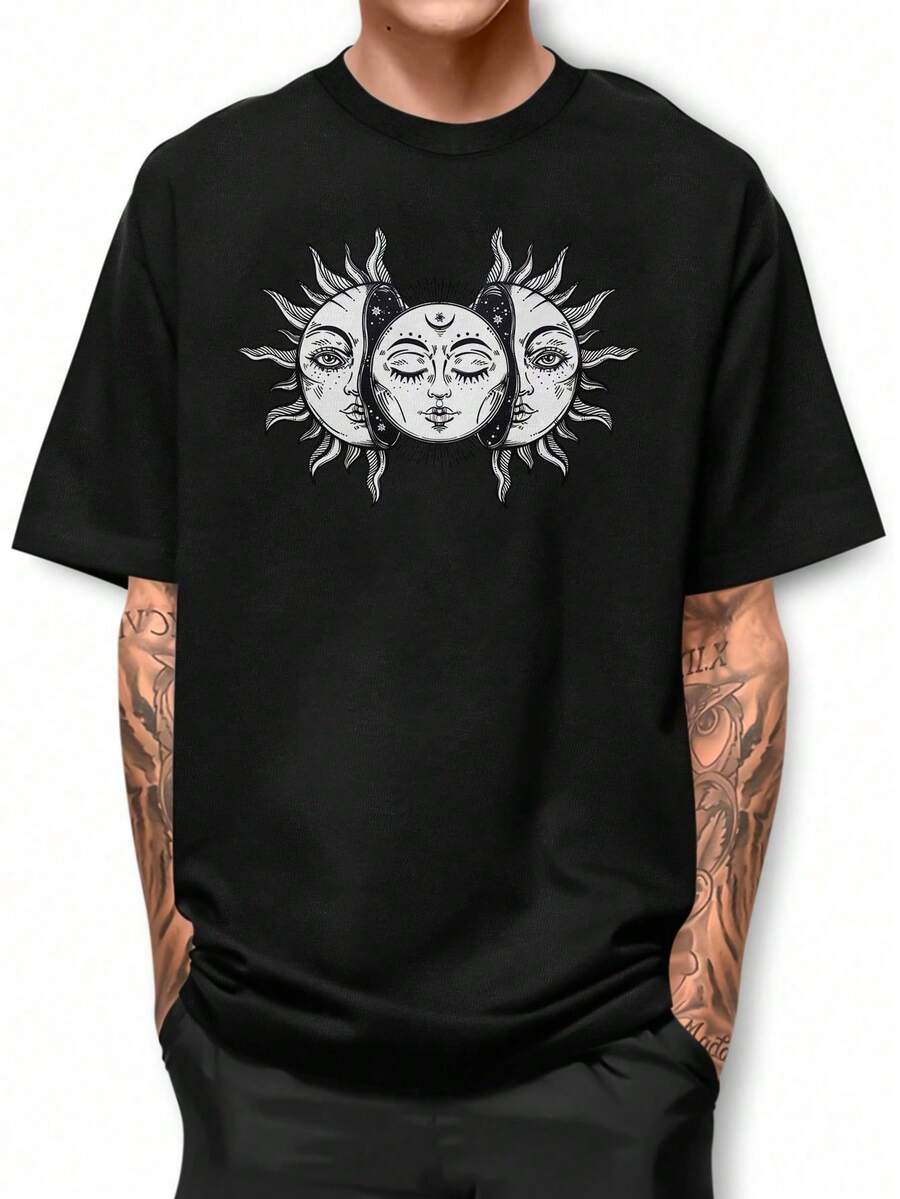 Basic Cotton T-Shirt With Round Neck, Moon And Solar Eclipse Design - Black - View 1