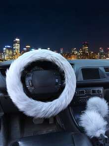 1set New Style Car Faux Wool Long Plush Steering Wheel Cover Handbrake Gear Shift Cover Decor 3pcs Set - Multicolor - View 8