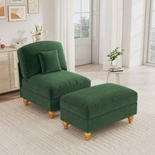 Comoda poltrona lounge classica in ciniglia con grembiule arricciato removibile, gambe affusolate e poggiapiedi mobile - Divano morbido e profondo per il soggiorno, bianco. - Verde - Visualizzare 2