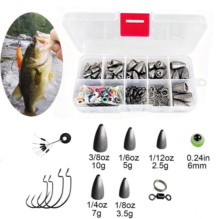 初學者釣魚配件組,多規格子彈鉛錘、釣魚鉤、珠止擋、珠子、8字轉環、轉環,含收納盒完整配件,戶外淡水野釣路亞初學者入門套裝,一盒搞定 - 彩色 - 查看 1