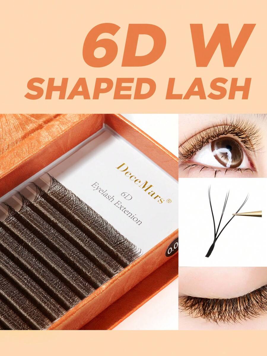 DeceMars 6D W Shaped Eyelashes Extensions C D Dd L M Curl 0.07mm Brown 12 Rows One Tray - View 1