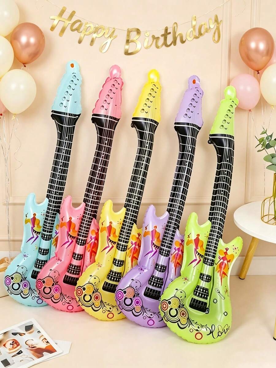 5pcs Inflatable Rock Guitar - Colorful Aluminum Foil, Suitable For Disco Party, Birthday And Music Theme Events - Disco Balloon, Hip Hop, Nightclub, Carnival Party Decoration. - View 1
