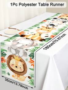 1件叢林動物桌旗 180x35cm 獅子老虎圖案桌布，適合男孩野生動物主題生日派對裝飾、嬰兒洗禮派對用品 - 彩色 - 查看 2