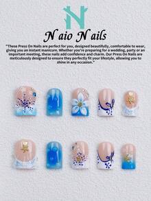 NAIO 10Pcs/Set Handmade Press On Nails, 3 Sizes: Coffin/Almond/Short Square, Y2K Summer Beach Style, Nude & Blue Ombre French Nails, 3D Floral, Water Drop & Starfish Design, Rhinestone Accents, For Women & Girls, Party Daily Wear For Ladies, Nail Supplies - Multicolor - View 15