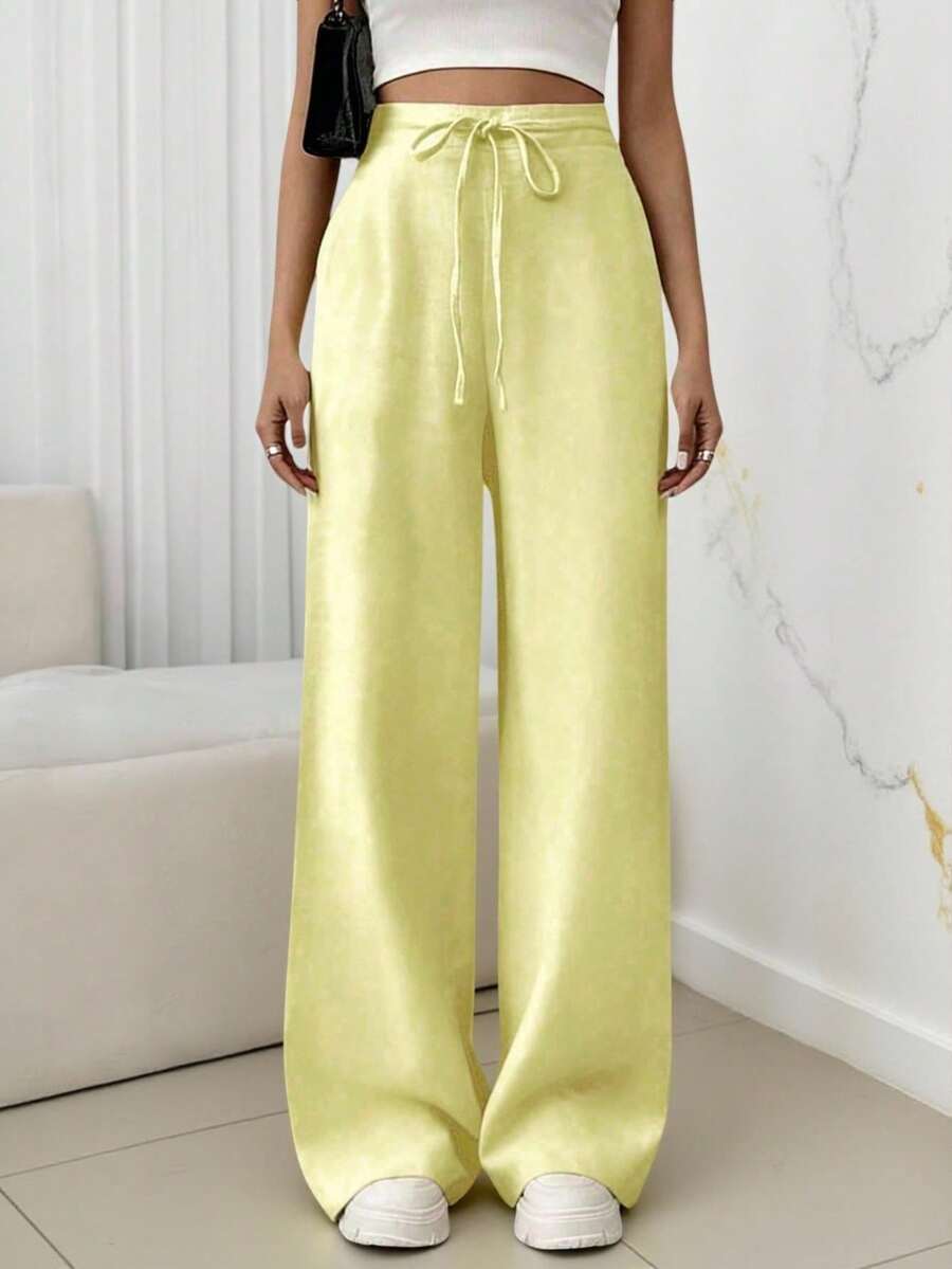 Women's Linen Palazzo Pants, Adjustable Waist With Drawstring, Side Pockets, Casual And Breathable For Vacations - 黃色 - 查看 1