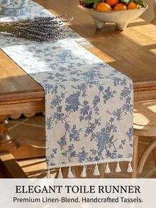 1pc Blue Rose Flower Print Table Runner, French Luxury Retro Style With Tassel, Rectangular Tablecloth For Holiday Party, Birthday, Wedding, Dining Table, Coffee Table, Home Decor, Suitable For All Seasons - Blue and White - View 5