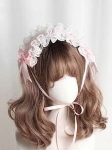 1件白色蕾絲粉色蝴蝶結緞帶蘿莉塔髮箍 女款時尚 Cosplay 髮飾 派對用 - 白色 - 查看 2