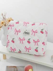 1 pieza/Set Bolsa de cosméticos acolchada con estampado lindo de cereza & lazo, almacenamiento para artículos de tocador, bolsa multiusos para maquillaje & artículos sanitarios para niñas, uso de viaje & diario - Multicolor - Ver 16