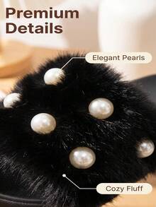 1 Pair Winter Girls Fashion Faux Pearl Style Home Slippers, EVA Ultra-Light Sole Design, Slip-On Home Slippers, Easy To Put On And Take Off - Black - View 3